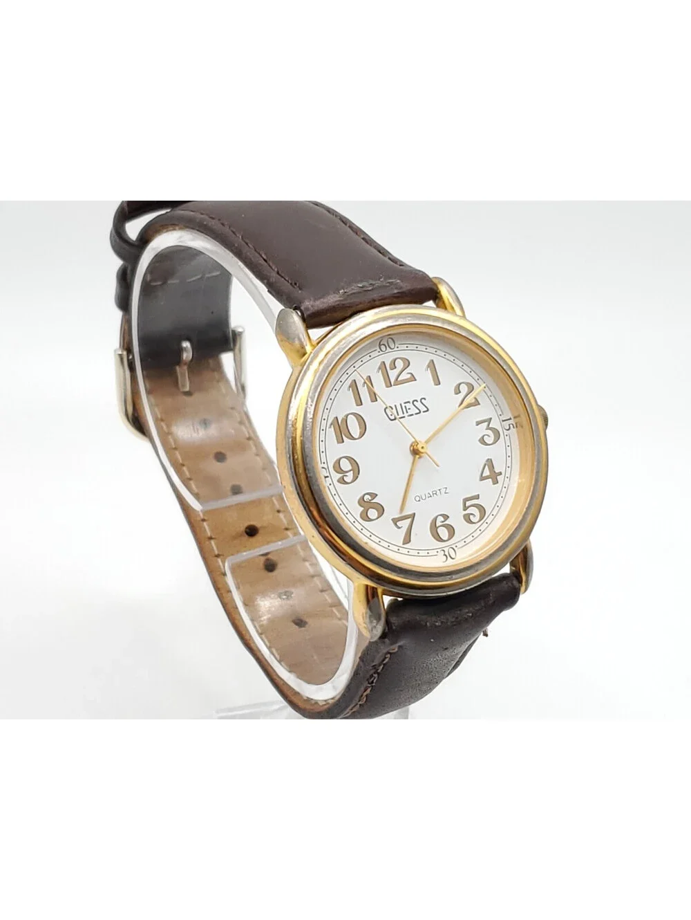 Vintage 1990 Guess Quartz Womens Watch New Battery White Dial Gold Tone 33mm